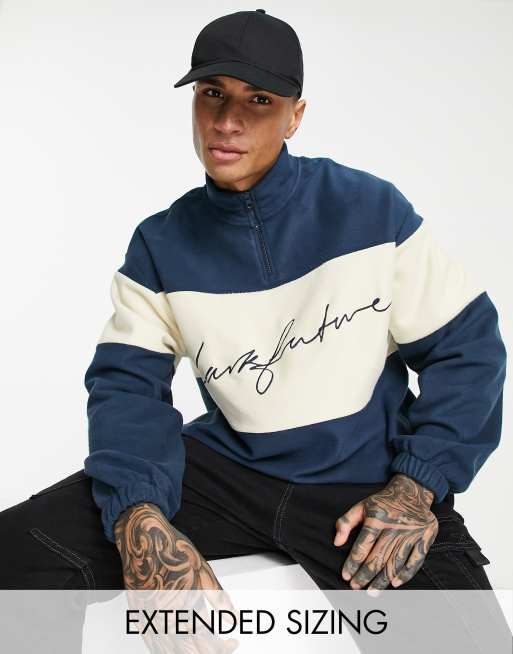 ASOS Dark Future oversized quarter zip sweatshirt in colour block polar fleece with embroidery in navy