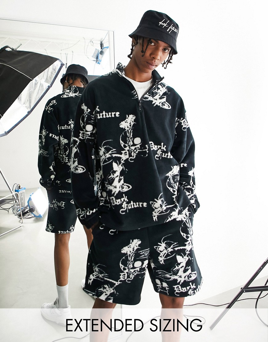 ASOS Dark Future oversized quarter zip sweatshirt in polar fleece with all over logo print in black - part of a set
