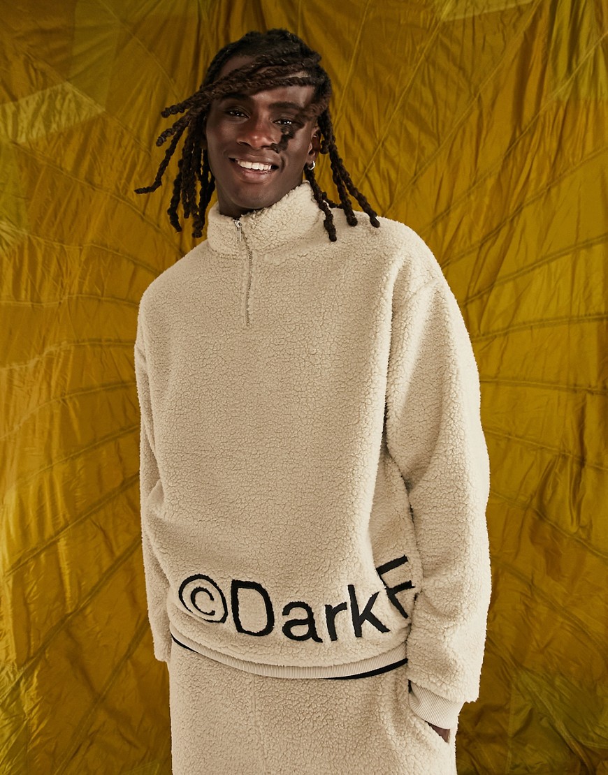 Asos Design Asos Dark Future Oversized Quarter Zip Sweatshirt In Teddy Borg With Back Logo Embroidery In Neutral