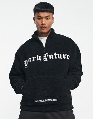 ASOS Dark Future oversized quarter zip sweatshirt with large gothic logo embroidery in black