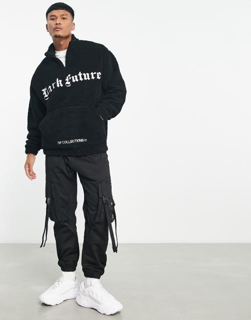 ASOS Dark Future oversized quarter zip sweatshirt with large gothic logo  embroidery in black