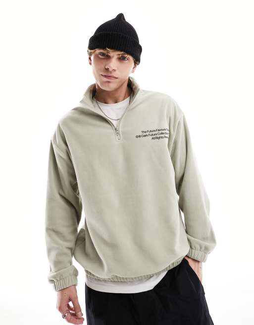 ASOS DARK FUTURE oversized quarter zip with front & back print in sage green polar fleece