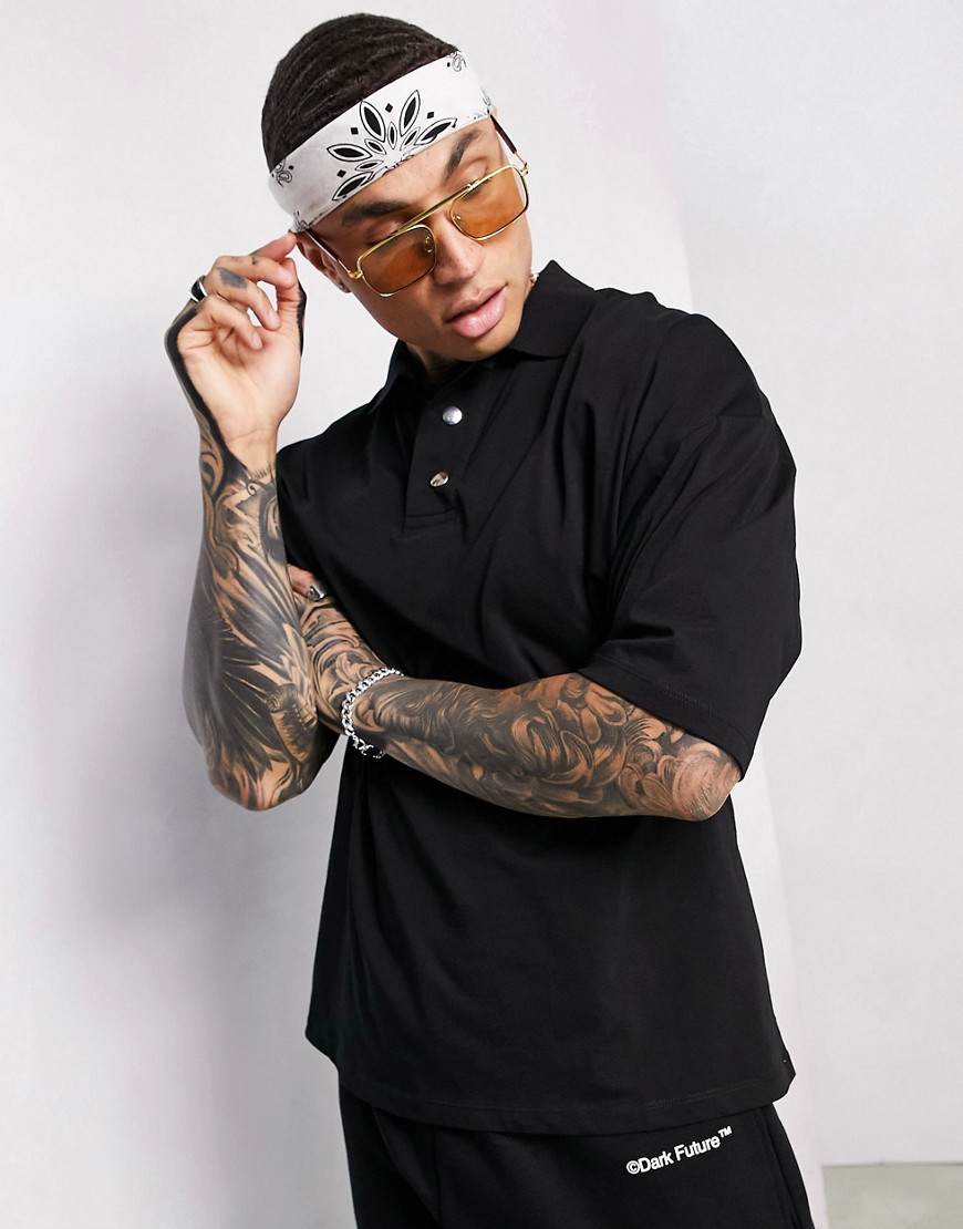 ASOS Dark Future oversized short sleeve wide placket polo with snaps giant logo back print in black