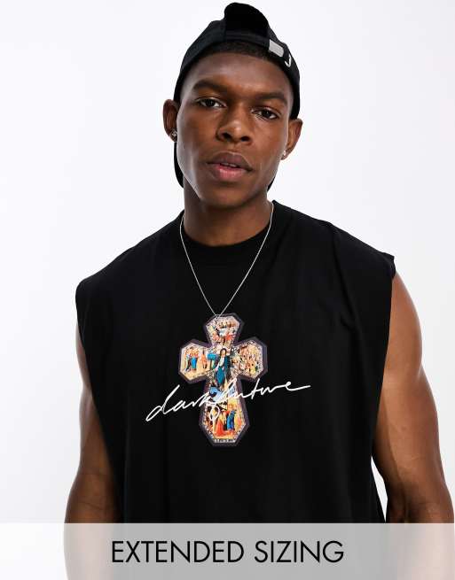 ASOS Dark Future oversized singlet with cross script text print in black