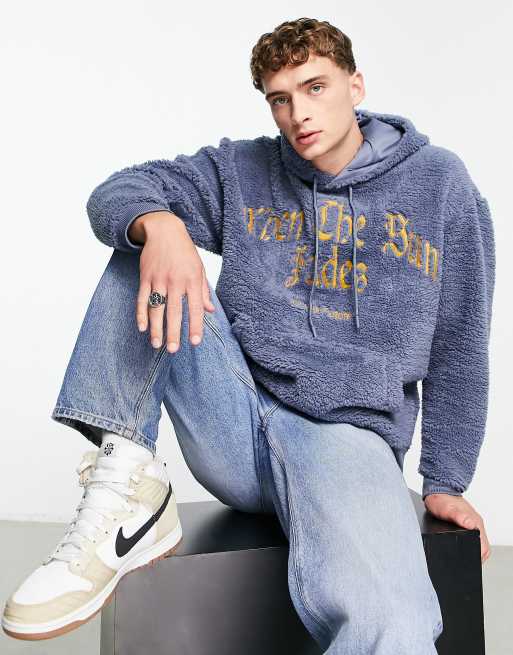 ASOS Dark Future - Oversized skiferblå hættetrøje i bamsestof med gotisk sloganbroderi