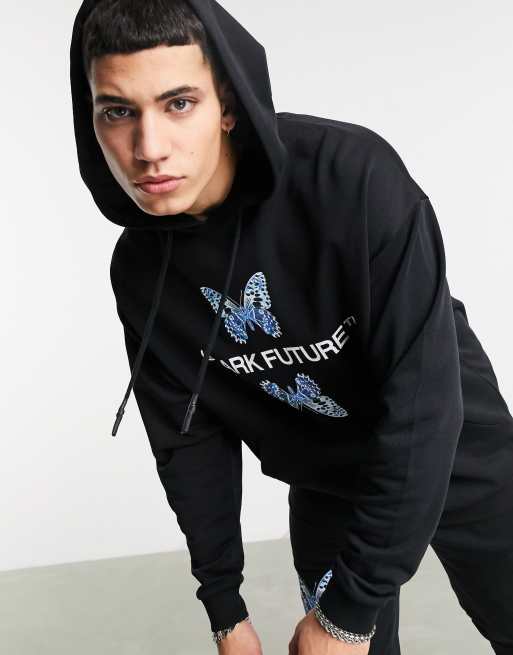 ASOS - Dark Future - Oversized, sort hættetrøje med sommerfugle-logo - Del af sæt