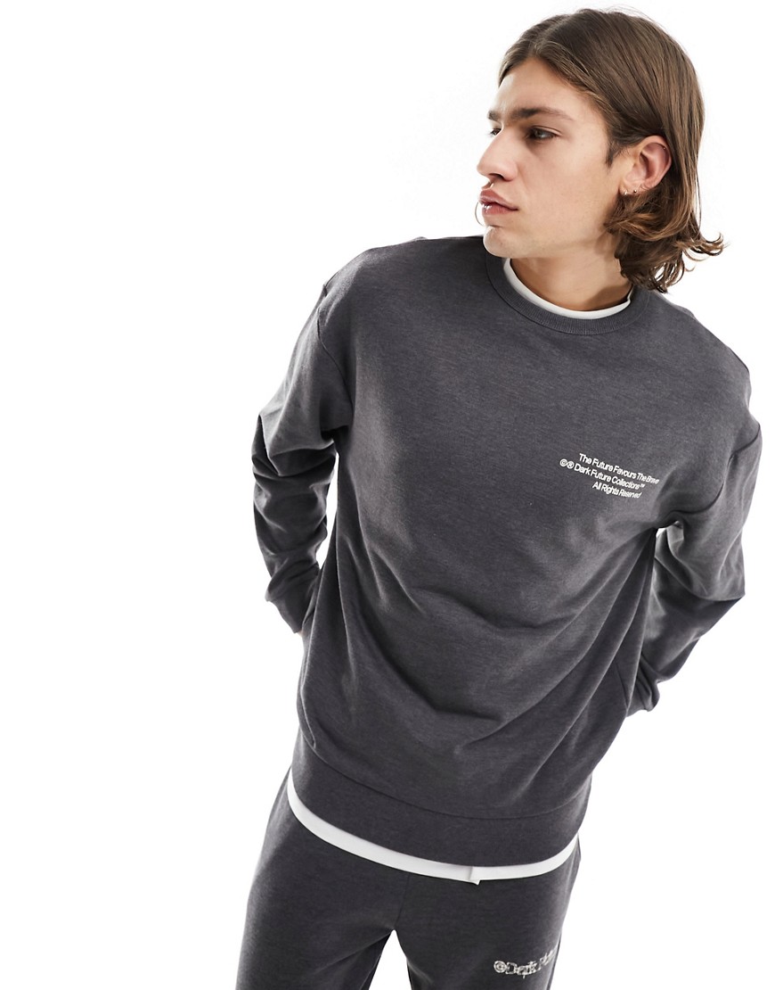 Asos Dark Future - Oversized Sweatshirt I Meleret Mørkegrå Med Front- Og Rygprint