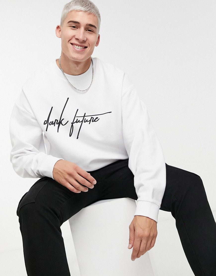 ASOS Dark Future oversized sweatshirt in black with script logo print-White