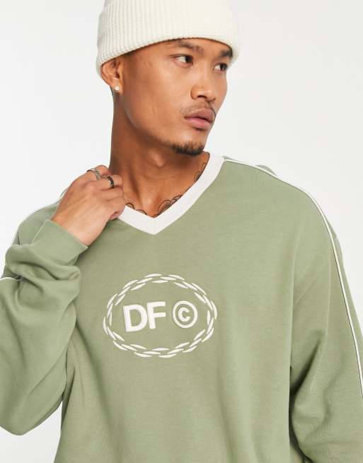 ASOS Dark Future oversized sweatshirt with v-neck and piping in khaki green  - part of a set