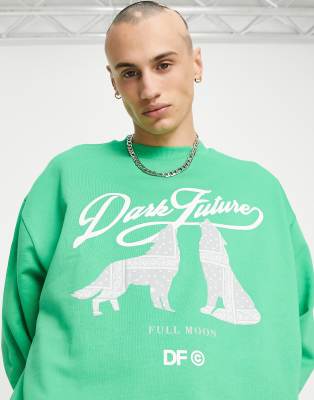 Asos Design Asos Dark Future Oversized Sweatshirt With Wolf Graphic Front Print In Green