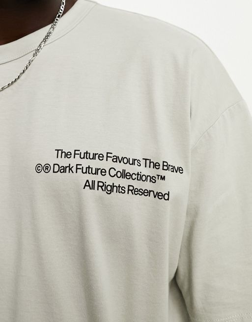 ASOS Dark Future oversized T-shirt in beige with logo chest print