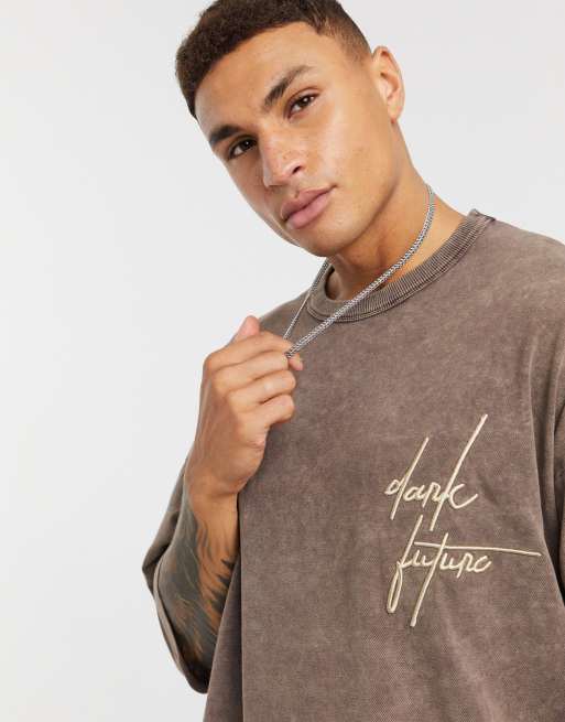 ASOS Dark Future oversized t-shirt in brown acid wash and embroidery detail  in pique