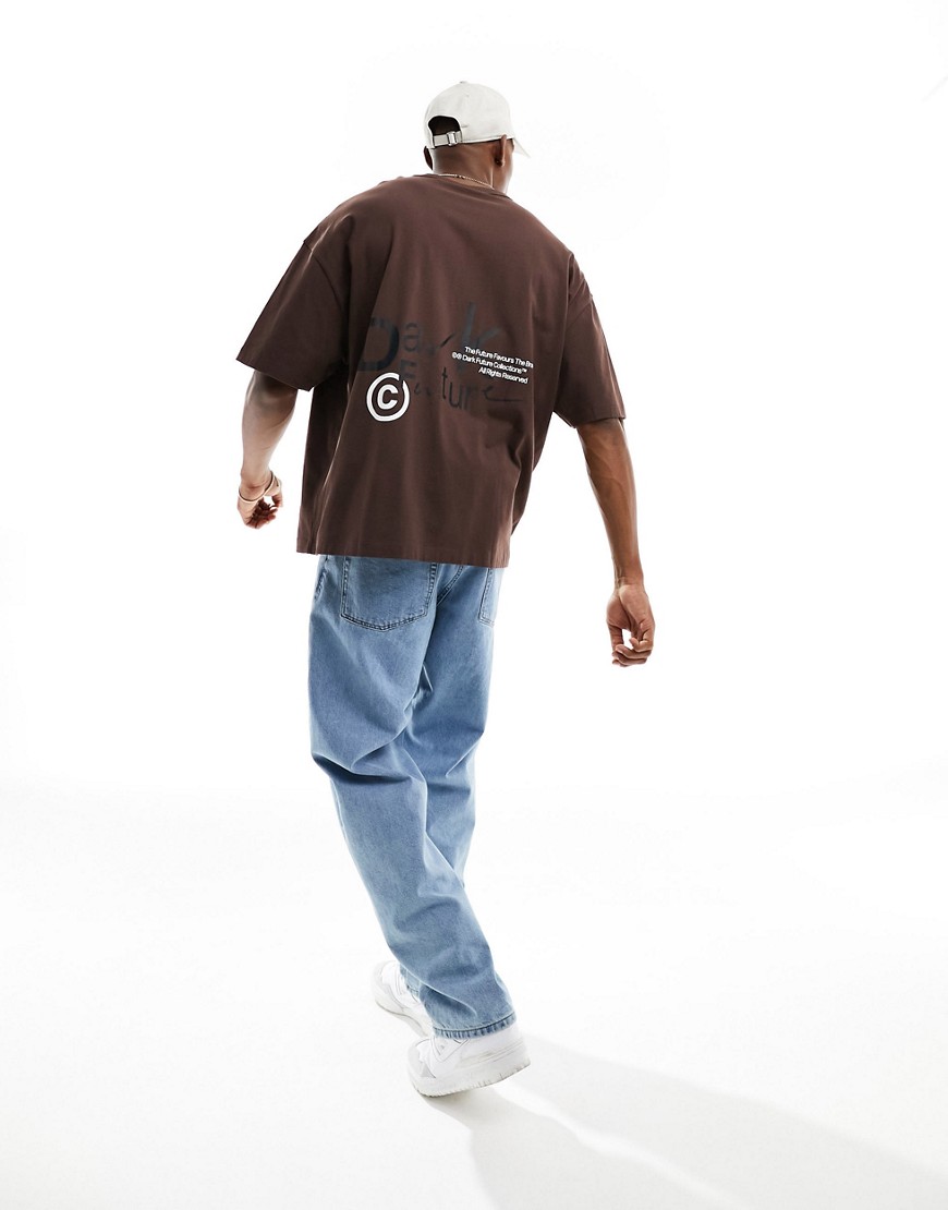 ASOS Dark Future oversized t-shirt in brown with back logo print-Grey