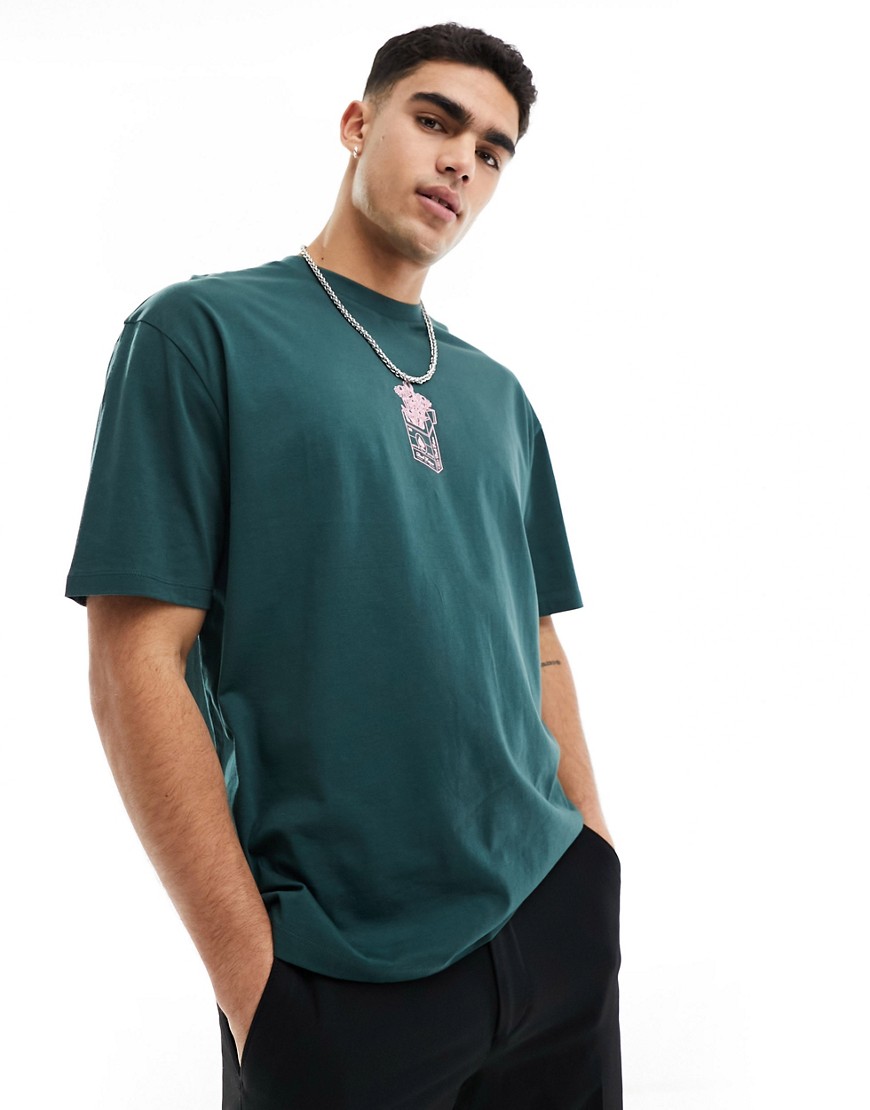 ASOS Dark Future oversized t-shirt in dark green with chest print