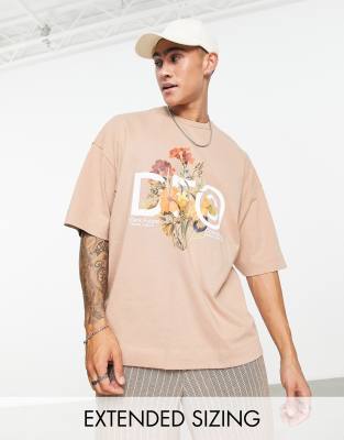 ASOS DESIGN ASOS Dark Future oversized t-shirt in heavyweight jersey with flower and logo graphic print in beige-Neutral