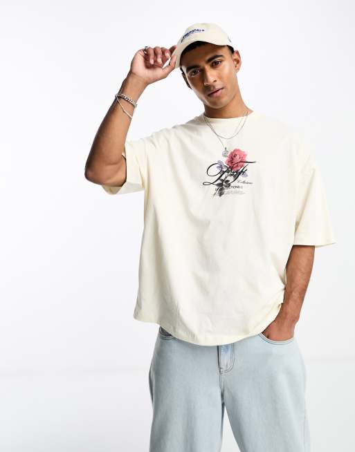 ASOS Dark Future oversized t-shirt in off white with rose front print ...