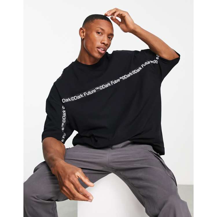 ASOS Dark Future oversized t-shirt in pique jersey with logo taping in black