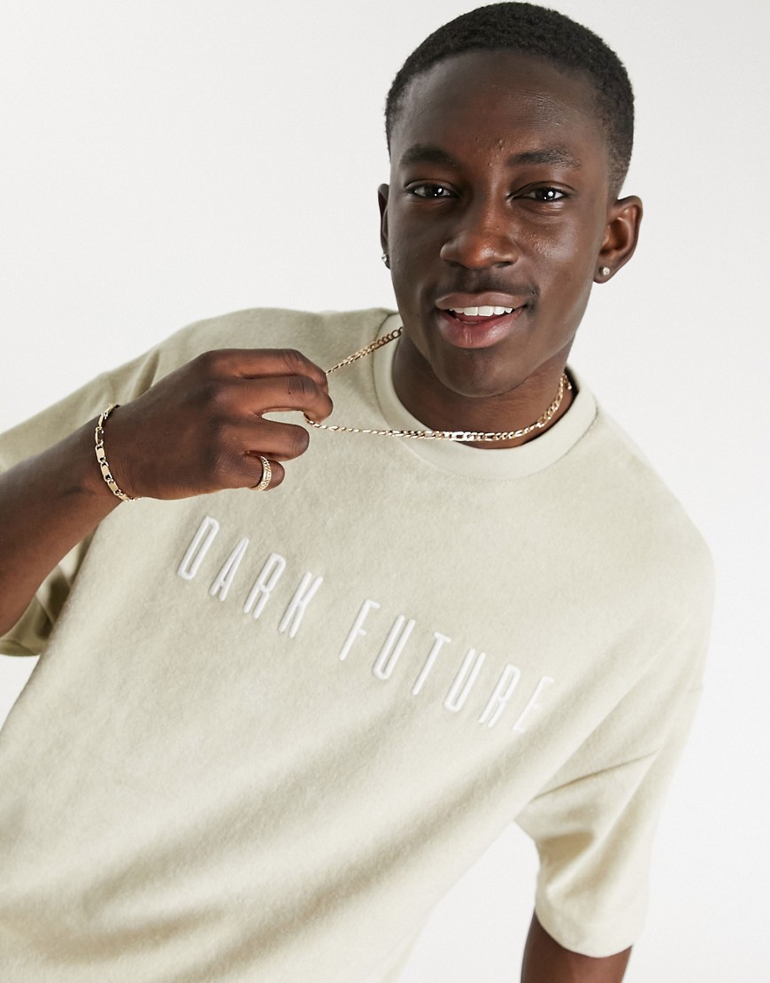 ASOS Dark Future oversized T-shirt in stone terrycloth with logo-Neutral
