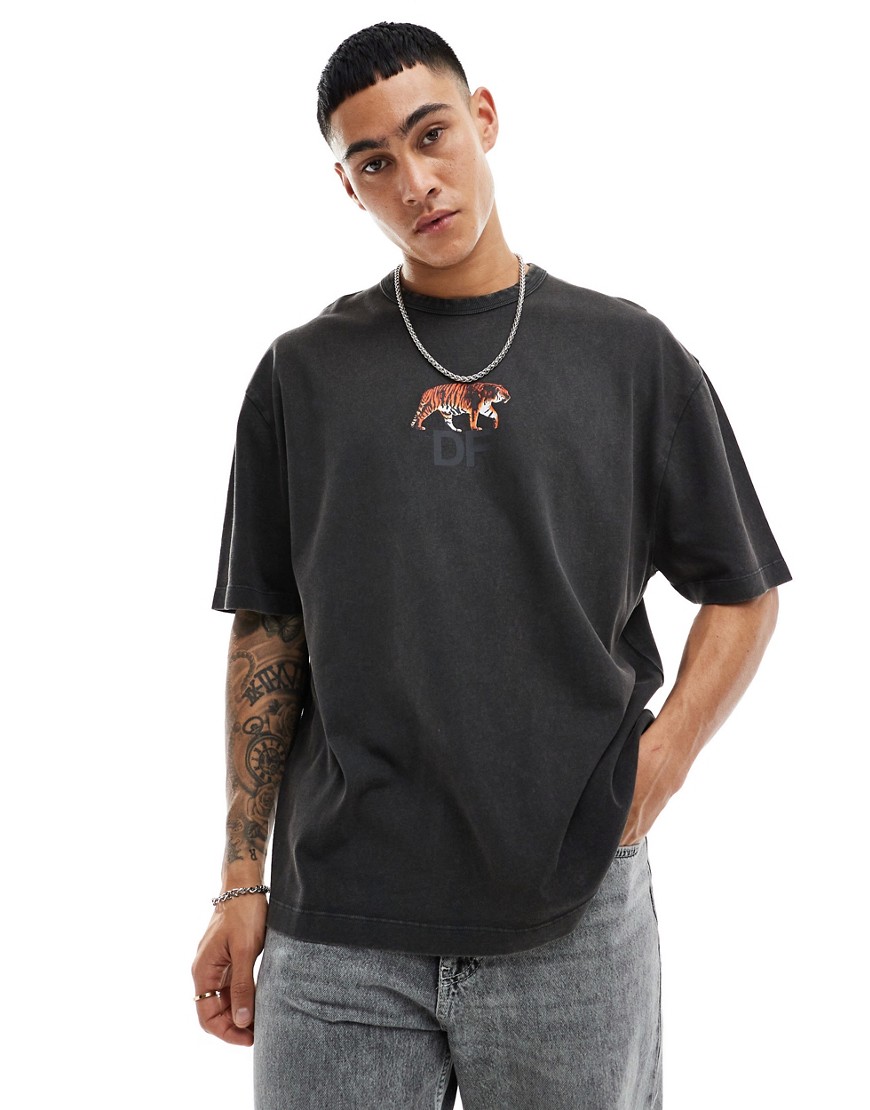 ASOS Dark Future oversized t-shirt in washed black with tiger chest print