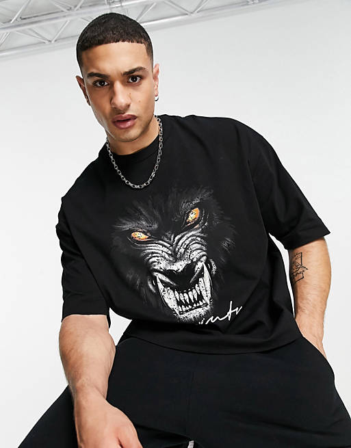 ASOS Dark Future oversized t-shirt in washed black with wolf graphic print