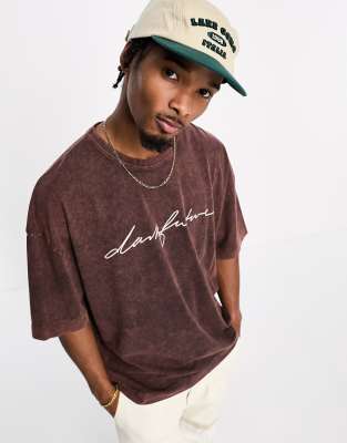 ASOS Dark Future oversized t-shirt in washed brown with logo chest print - ASOS Price Checker