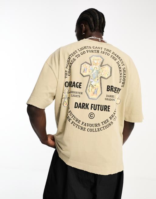 ASOS Dark Future - Oversized T-shirt med grunge-print på ryggen i kraftigt stof på 220 gsm i vasket grå