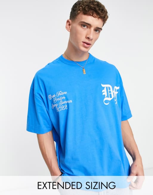ASOS Dark Future - Oversized T-shirt met gothic tekstprint en borduursel in blauw