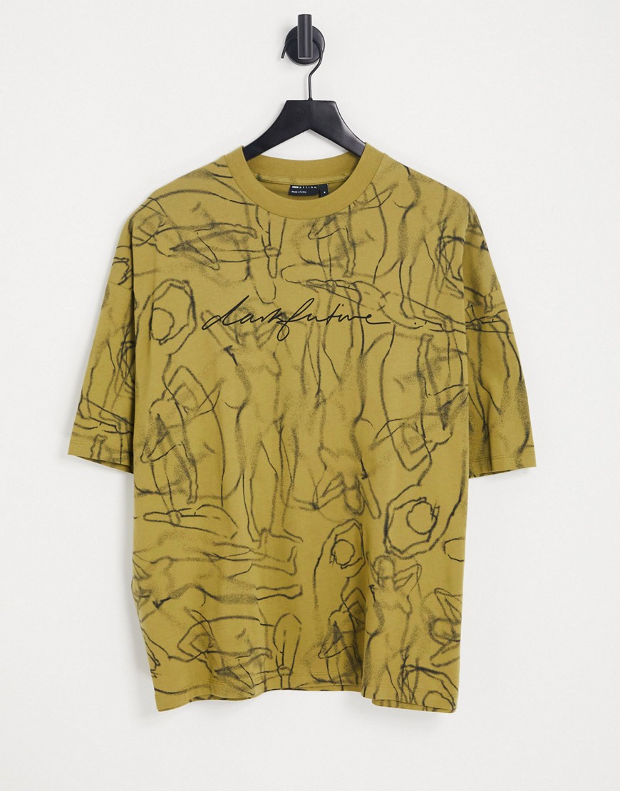 ASOS Dark Future oversized T-shirt with all over abstract figure print in khaki green