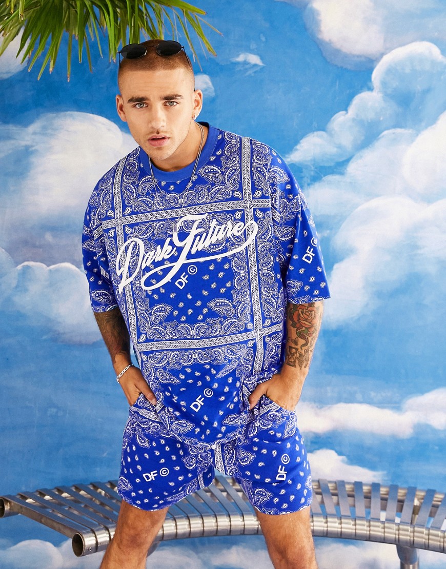 ASOS Dark Future oversized T-shirt with all over bandana print in blue - part of a set