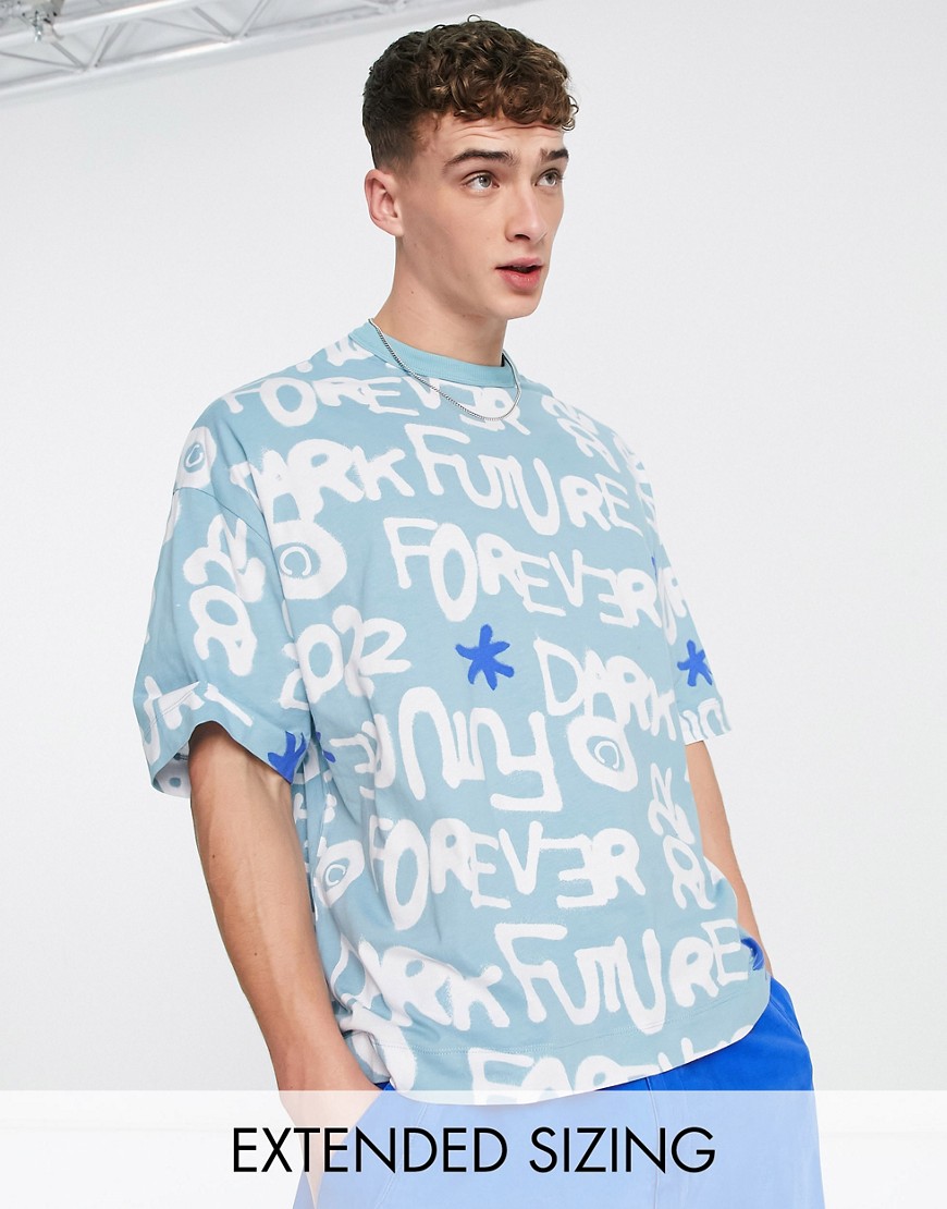 ASOS Dark Future oversized t-shirt with all over graffiti logo print in blue