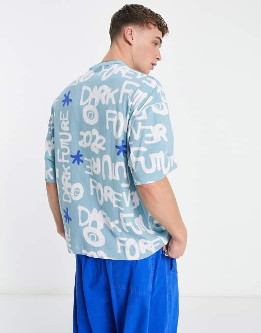 ASOS Dark Future Oversized T-Shirt with All Over Graffiti Logo Print in Blue