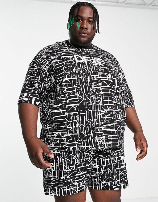 ASOS Dark Future Oversized T-Shirt with All Over Graffiti Logo Print in Blue