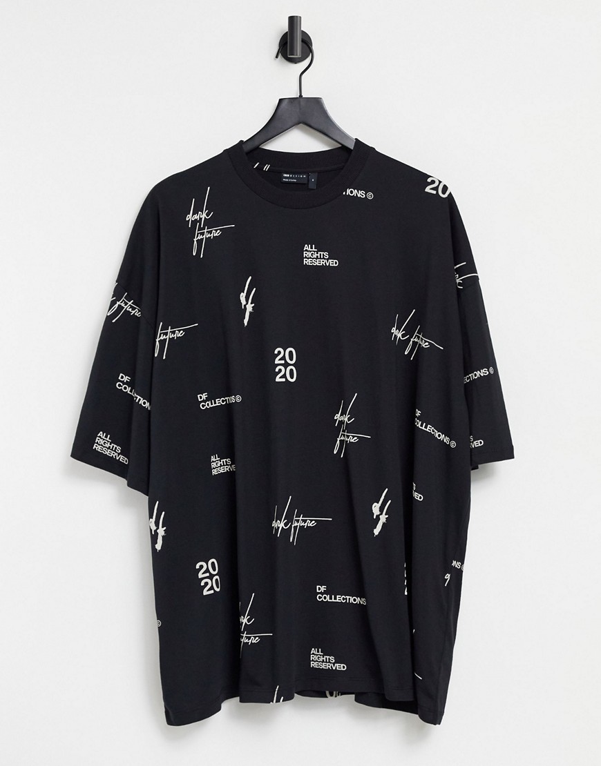 ASOS Dark Future oversized t-shirt with all over logo print in black