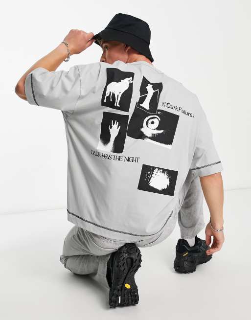 ASOS Dark Future oversized T-shirt with back photographic print in light gray