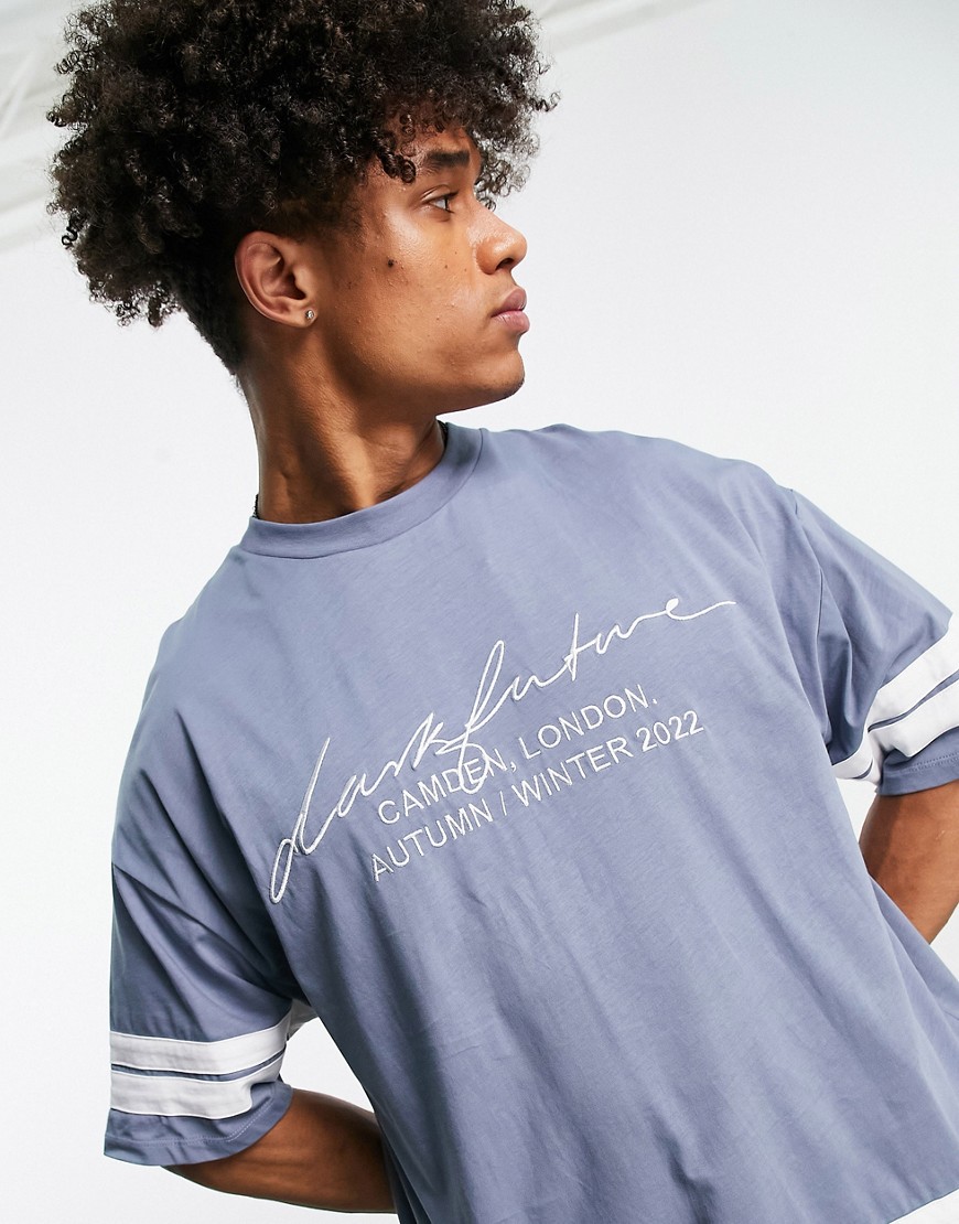 ASOS Dark Future oversized t-shirt with binding striped hem and cuff and logo embroidery in slate blue