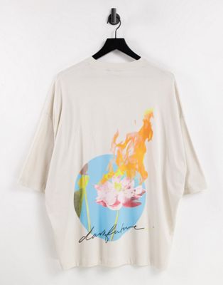 ASOS Dark Future oversized t-shirt with burning flower back graphic print in grey