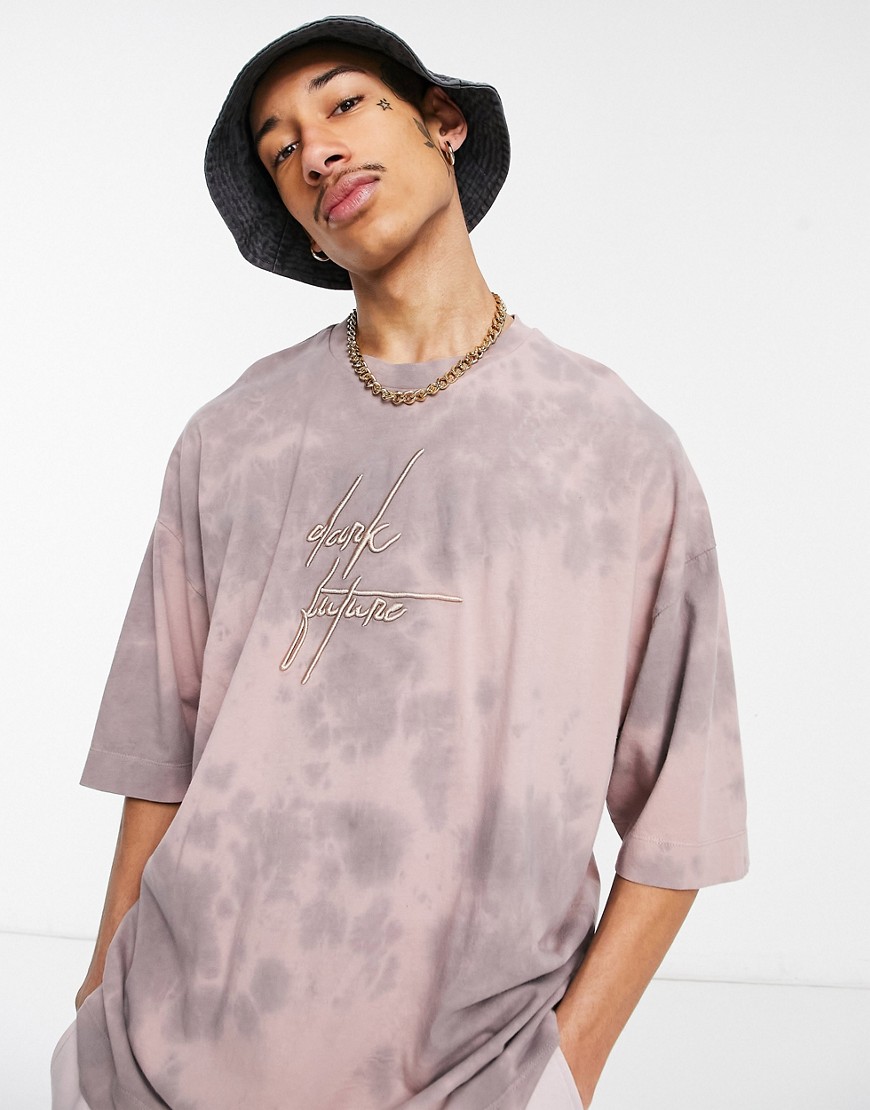 ASOS Dark Future oversized t-shirt with chest logo in pink wash