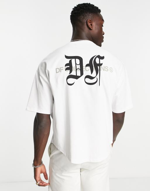 ASOS Dark Future oversized t-shirt with dipped hem and gothic style logo prints in white