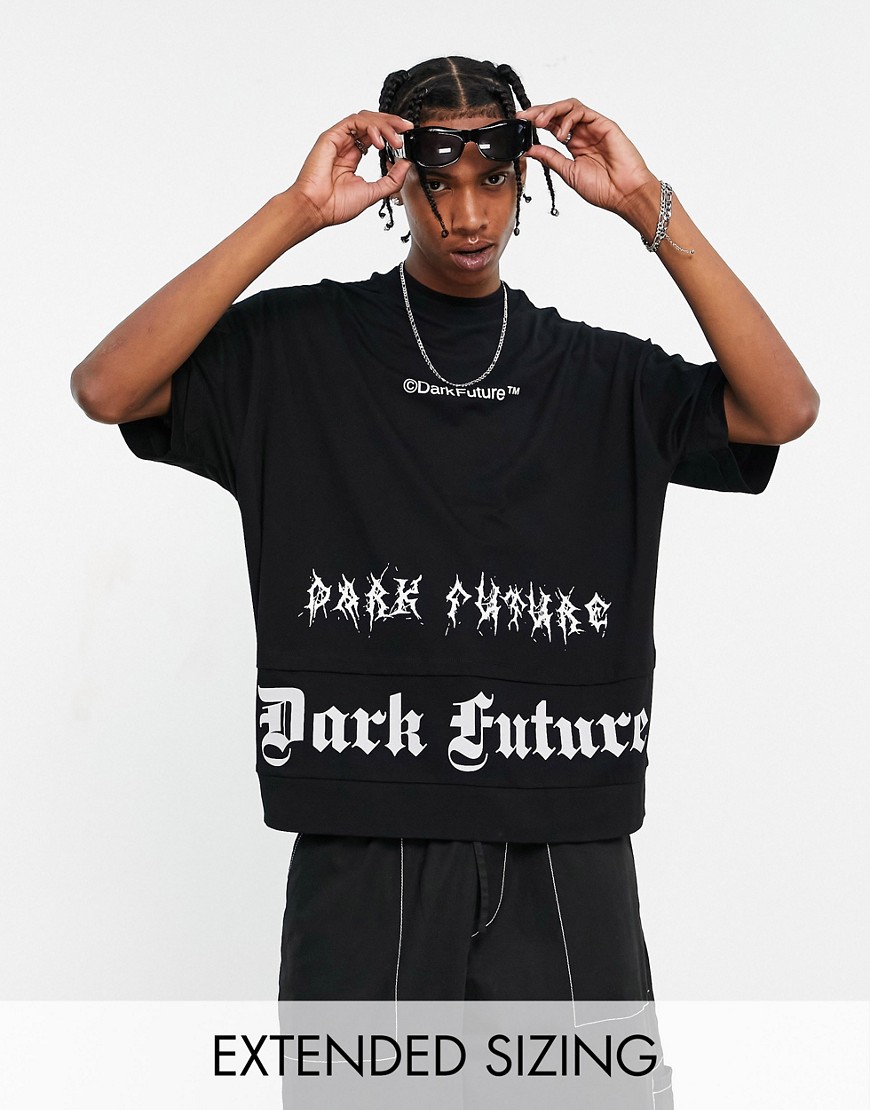 ASOS Dark Future oversized T-shirt with double layers and gothic logo prints in black