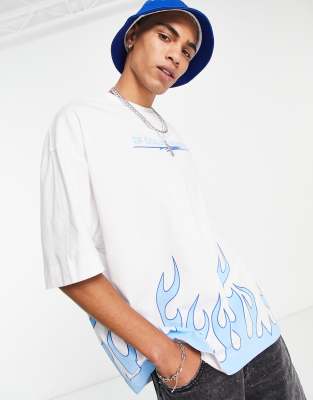 Asos Dark Future Oversized T Shirt With Flames And Logo Prints In White Asos