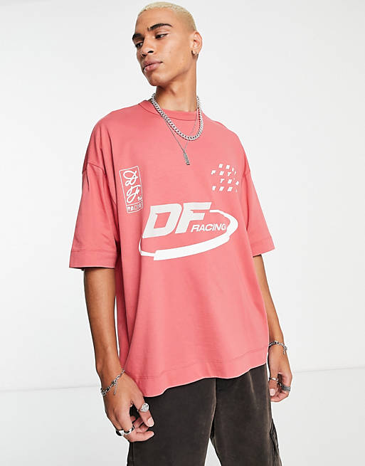 ASOS Dark Future oversized T-shirt with front and back racing graphic ...