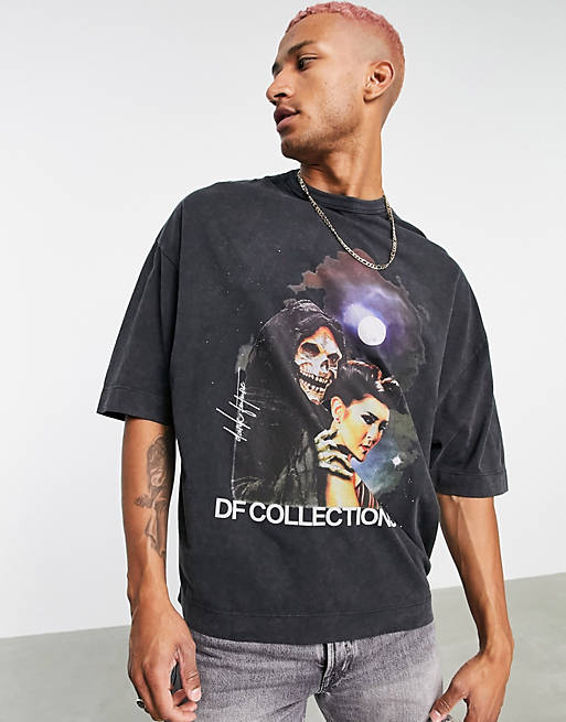 ASOS Dark Future oversized t-shirt with gothic graphic print in black acid wash