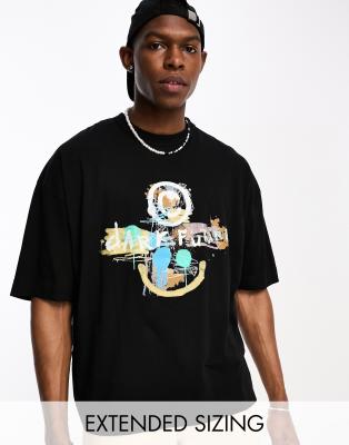 FhyzicsShops Dark Future oversized t-shirt with graffiti front print in black