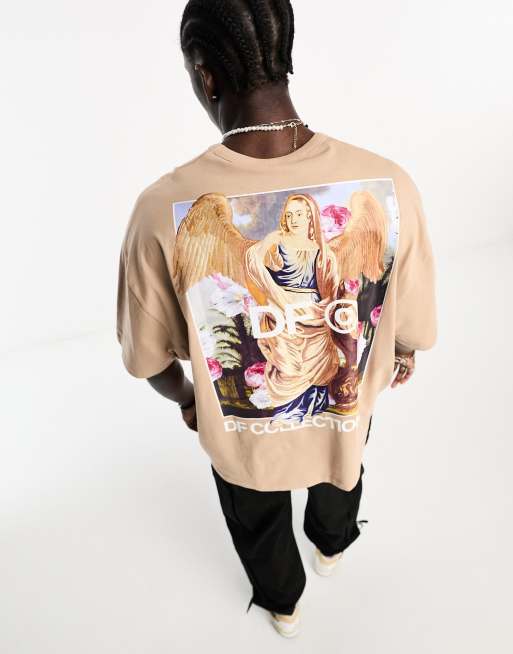 ASOS Design Oversized T-Shirt with Back Flower Print in Dark Beige-Brown