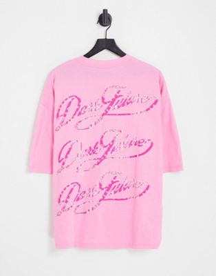 ASOS Dark Future oversized t-shirt with multi back logo script print in pink