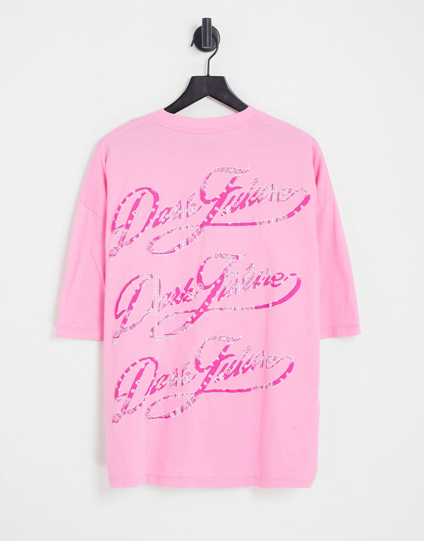 ASOS Dark Future oversized t-shirt with multi back logo script print in pink