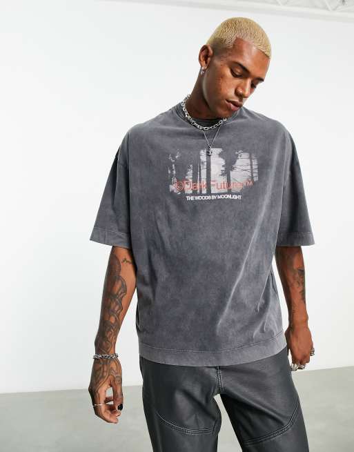 ASOS Dark Future oversized t-shirt with photographic front and slogan back prints in black wash, 3 of 4