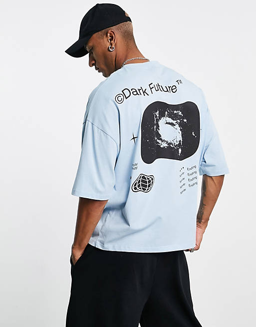 ASOS Dark Future oversized T-shirt with planet print in light blue | ASOS
