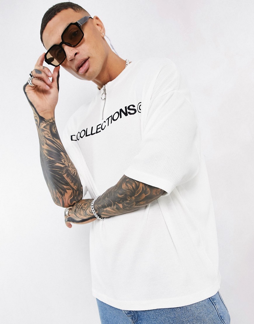 ASOS Dark Future oversized T-shirt with quarter zip and logo print in ribbed texture neutral