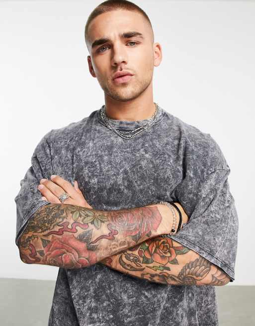 ASOS Dark Future oversized T-shirt with raw edge and triple back print in black acid wash, 3 of 4